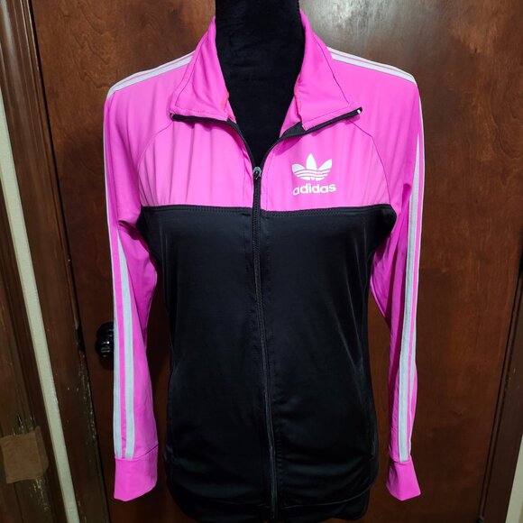 Adidas Track Jacket Black Hot Pink Full Zip Long Sleeve W/ Pockets Women' Size M - Picture 1 of 9